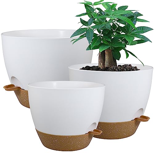UOUZ Large Self Watering Pots, 12/10/9 Plastic Planters with High Drainage Holes and Deep Reservoir for Indoor Outdoor Garden Plants and Flowers, White with Brown - color: White With Brown