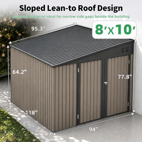 AECOJOY Shed Lean to Storage Shed, Large Outdoor 8' x 10' Metal Wall Side Bike Shed & Outdoor Storage, Garden Storage Cabinet for Backayrd, Patio and Outdoor Use in Grey - color: Gray, size: 8' x 10'