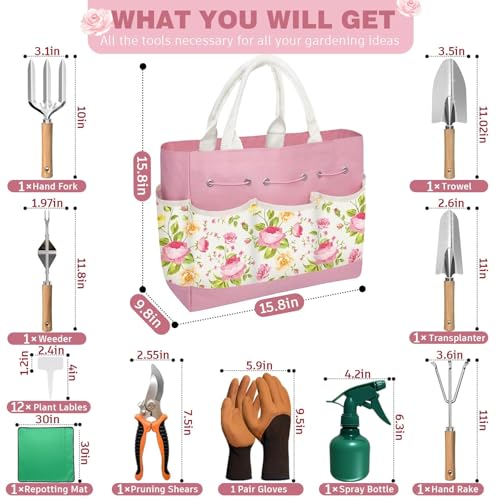 22PCS Garden Tools Set for Women,Birthday Gifts for Mom Wife Grandma,Heavy Duty Hand Tool Kit Gardening Supplies Included Handy Tote Bag/Trowel/Repotting Mat/Rake/Pruner/Gloves/Plant Tags -Pink - color: Pink