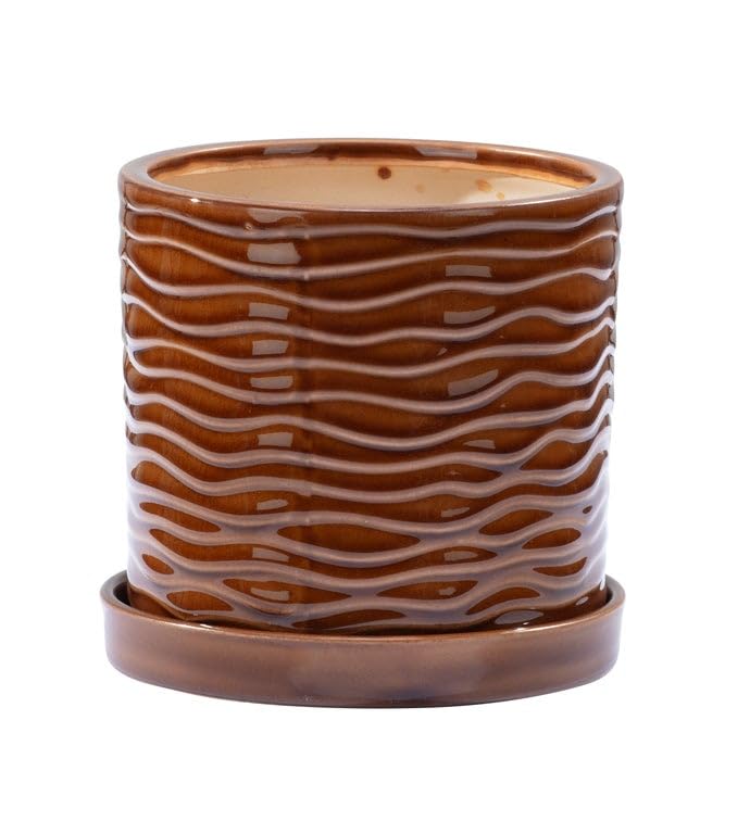 Napco Modern Textured Ceramic Planter with Drainage & Saucer – Small 5 x 5.25 Inch Glossy Brown Flower Pot with Wavy Embossed Design, Contemporary Home Décor for House Plants, Succulents & Herbs