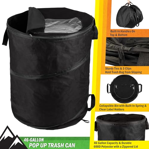 Collapsible Trash Can - 46-Gallon Garbage Can Outdoor Bin with 3 Stakes for RV, Camping, Storage, Recycling, or Yard Waste by Wakeman Outdoors (Black) - color: Black, size: 46-Gallon