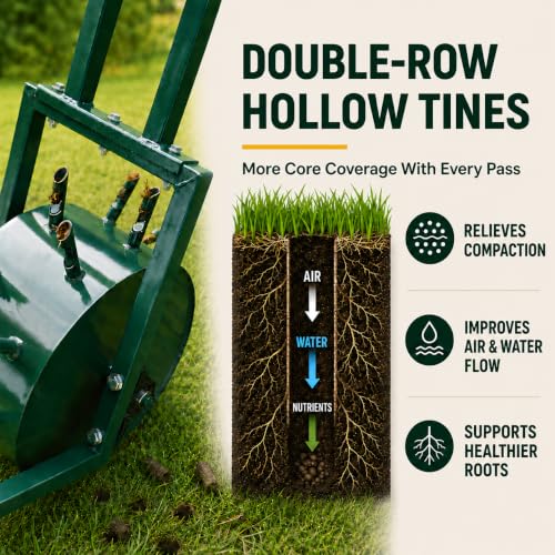 Heavy-Duty Rolling Core Lawn Aerator with Dual-Row Hollow Tines