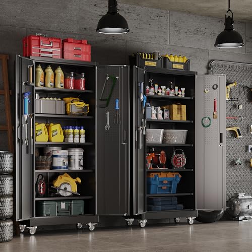 Aobabo Metal Garage Storage Cabinet with Wheels and Pegboards, Black - color: Black, size: 16"D x 32"W x 71"H