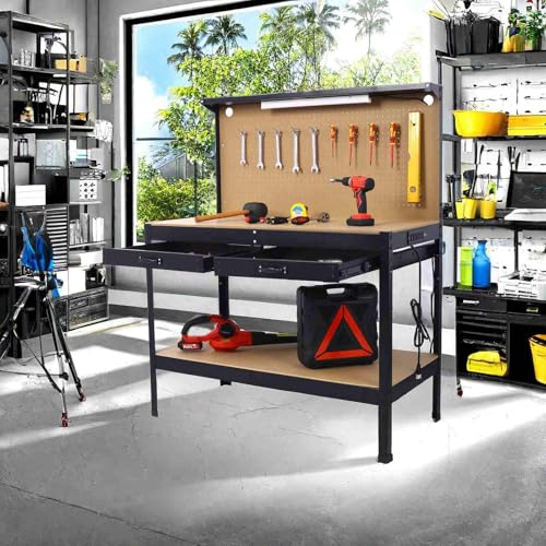 Heavy-Duty Workbench with Pegboard, Two Drawers, and LED Light, Multipurpose Garage Workstation