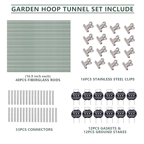 Garden Hoops Kit for Raised Beds, 40pcs Fiberglass Greenhouse Hoops, Row Cover Hoops for Frost Cloth, Adjustable DIY Grow Tunnel with Ground Steaks