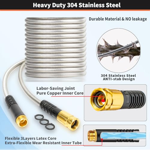 Metal Garden Hose 150FT Heavy Duty Lightweight 304 with Brass Nozzle,Durable Fittings,No Kink & Tangle,Puncture Resistant,Easy to Use & Store for RV,Outdoor, Yard,Ligh (150ft) - size: 150ft