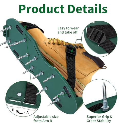 The Lawn Aerator Shoes for Grass, Epoxy Spiked Shoes with 1.65'' Sharp Short Spikes, Garden Grass Loosening Spike Shoes for Epoxy Flooring, 6 - Shoelace Design (Green, 11.8'' x 5.1'') - color: Green
