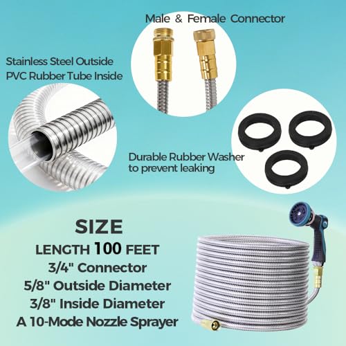 100FT Garden Hose, Stainless Steel Water Hose, Flexible with a 10-Mode Nozzle Sprayer, No Kink, Lightweight, Puncture Proof, Ideal for Yard, Lawn, Outdoor, 5/8'' Outside Diameter - size: 100 Feet