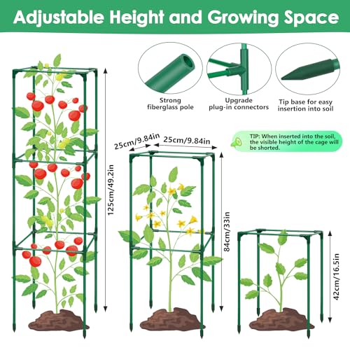 3 Pack Tomato Cage for Garden, Upgraded Fiberglass Garden Trellis with 3 PCS Grow Bags, Square Tomato Planter Support Garden Cages for Cucumber Vegetables Vertical Climbing Plants - color: 3 Tomato Cages + Bag