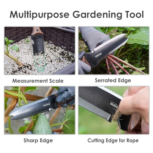 PERWIN Hori Hori Garden Knife, Garden Tools with Sheath for Weeding, Planting, Digging, 7" Stainless Steel Blade with Cutting Edge, Full-Tang Walnut Wood Handle with Hanging Hole - size: 7"