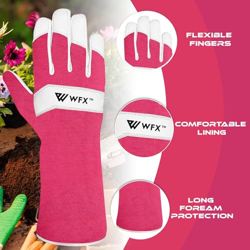 WFX Long Gardening Gloves Leather Ladies Men Women Durable Goatskin Garden Gloves Forearm Thorn Proof Work - color: Pink, size: Small