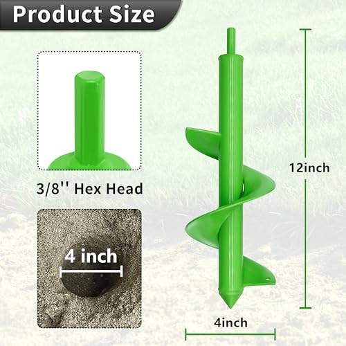 Auger Drill Bit for Planting, 4x12inches Garden Auger Spiral Drill Bit for Bulbs & Bedding Plants,Heavy Duty Post Hole Digger for Garden Soil,Fits 3/8" Hex Drill - size: 4"x12"-Green