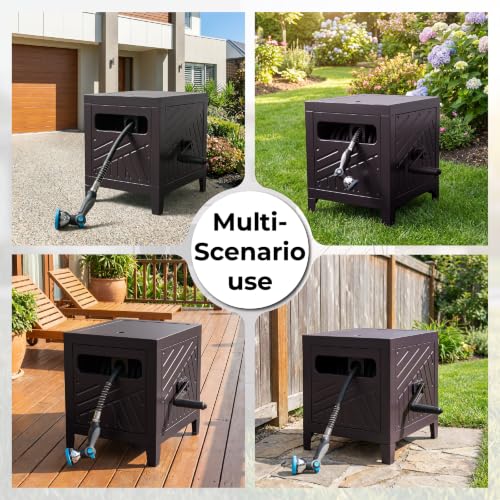 Garden Hose Reel Hideaway, Heavy Duty Metal Hose Reel Box for 125FT x 5/8" Hose, Steel Hose Storage Reel with Manual Crank Handle, Hose Guide System, Leak-Proof Aluminum Fittings, Stable 4-Leg Base