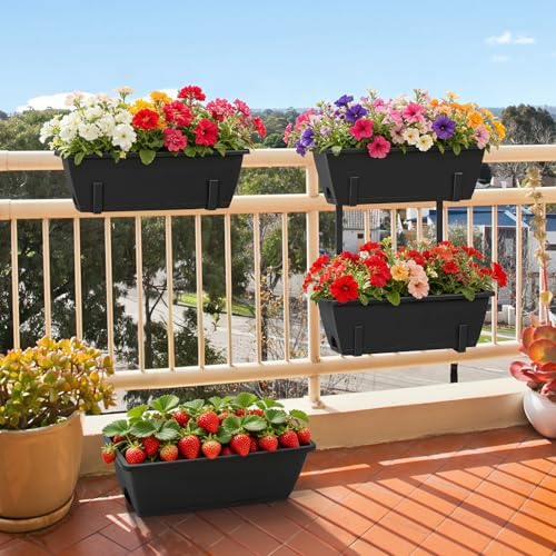 2 Tier Railing Planter Box Set of 2, 4 Pack Black Window Boxes Planters - color: Black