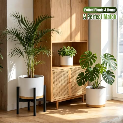 10/9/8 Inch Plant Pots 3 Pack, with Drainage Hole & Saucers - color: Matte White&brown