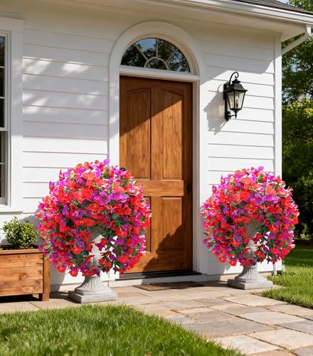 2 PCS Bougainvillea Artificial Hanging Flowers Plants for Outdoors, Mix - color: Purple + Red