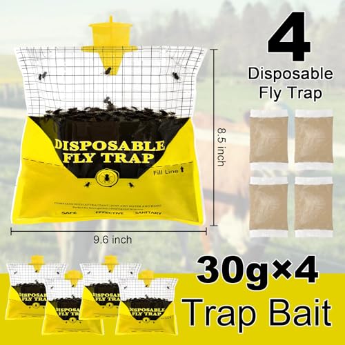 4 Pack Outdoor Fly Trap Bags Hanging - 4 * 30g Bait, Durable, Effective - size: 4 pack