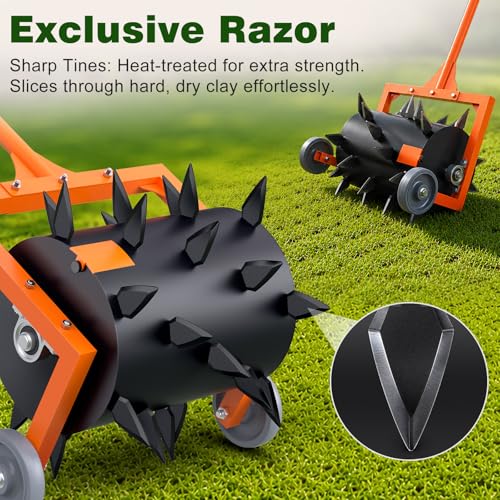 Heavy-Duty Push Lawn Aerator Roller with Steel Spikes for Compacted Soil - color: White