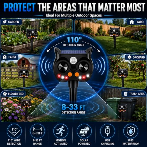 New Solar Animal Repellent Ultrasonic Outdoor for Deer Cat Skunk Squirrel Racoon Fortress Pro Animal Repeller Deterrent Devices with LED Strobe,Motion Sensor,Adjustable Volume and Modes for Yard,4 Pcs