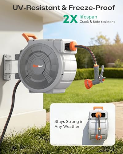 Retractable Garden Hose Reel 5/8"x100ft, 3-Ply Reinforced water hose reel, Any Length Lock, Heavy-Duty Rust Prevention Metal Mount, Brass Fitting, 9 Spray Nozzle for Lawn & Gardening - color: 100 Ft X 5/8inch