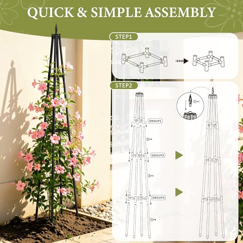 Obelisk Trellis for Climbing Plants Outdoor,5.2 Ft Garden Trellis for Potted Plants, Metal Trellis with Anti-Rust Coated for Potted Plants Indoor, Plant Support for Vegetables, Vines - size: 5.2 FT