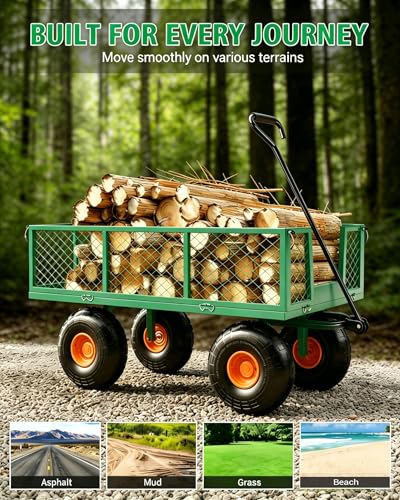 GarveeLife Heavy Duty Steel Garden Cart 500 LBS Capacity 3 in 1 Pullable Garden Wagon with 10 in Wheels for Gardening Soil, Tools, and Plant Transport - color: Green and Orange, size: 500 lbs