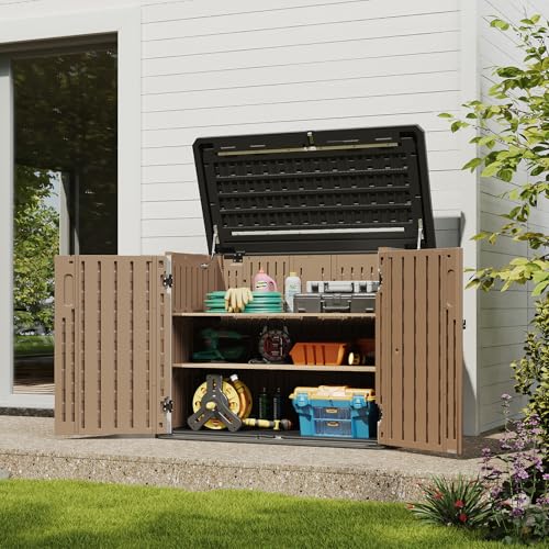 Aoxun Outdoor Storage Cabinet 35 Cu.Ft Outdoor Trash Can Storage Shed,Brown - color: Brown, size: 35 Cu.Ft