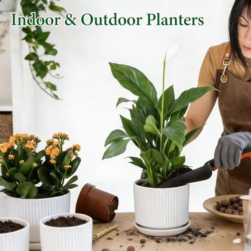 Ceramic-Flower-Pots-Sets-with-Saucer, 5/6/8 inch Small Planters for Indoor Plants with Drainage Hole, White Vertical Stripe Plant Pots for Home Decor, Outdoor Garden Pot For Succulent Cactus Herb - color: White, size: 5.1+6.3+8 inch