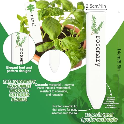 JarThenaAMCS 12Pcs Ceramic Herb Plant Label Signs 12 Styles Garden Herb Markers Waterproof Plant Name Stake Tags for Spring Summer Nursery Indoor Outdoor Garden Decor