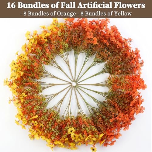 ColoPlay 16 Bundles Artificial Mums for Outdoors, Fake Flowers Fall Decor - color: Yellow Red Green, size: 16 PCS
