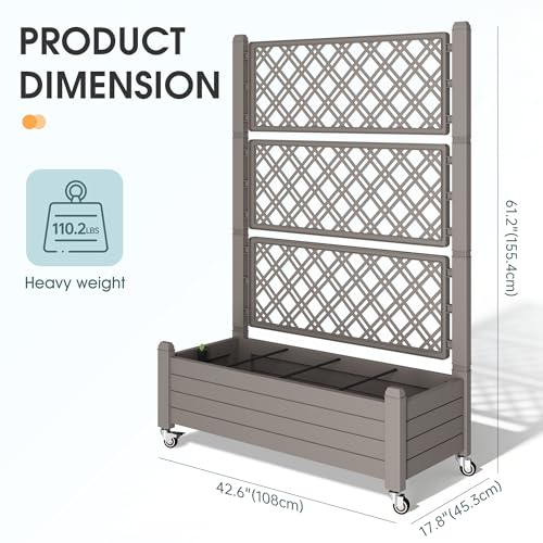 Resin Raised Garden Bed with Trellis and Wheels - Plasitc Planter Box with Trellis Outdoor with Drainage Holes & Water Monitor for Climbing Plants, Flower, Medium Gray(61.2" H) - color: Medium Gray, size: 61.2"h