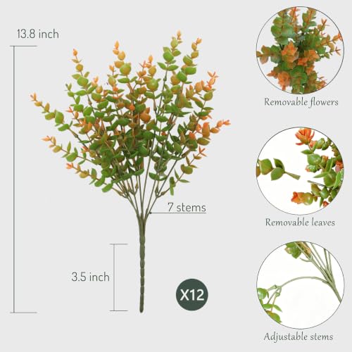 Artificial Flowers Outdoors, 12 Bundles Fake Flowers UV-Anti for Decoration Faux Plastic Plants Garden Porch Window Box Décor - color: Green-orange Leaves