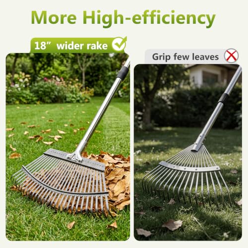 Adjustable Leaf Rake, Lightweight 18" Wide Garden Rake, 62" Long Handle