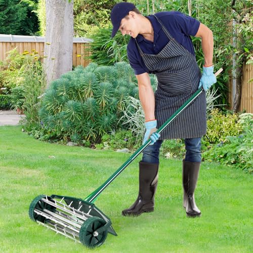HAPPYGRILL Rolling Lawn Aerator, 18 Inch Aerator Lawn Tool with Fender