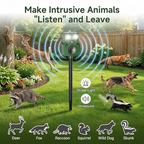 Deer Repellent Devices 2 Packs, Solar Animal Repeller Ultrasonic with Motion Sensor & LED Lights, Waterproof Cat Deterrent Outdoor, Effective Repel Deer, Skunk, Coyote, Raccoon, and Dog for Garden - color: Light-Green