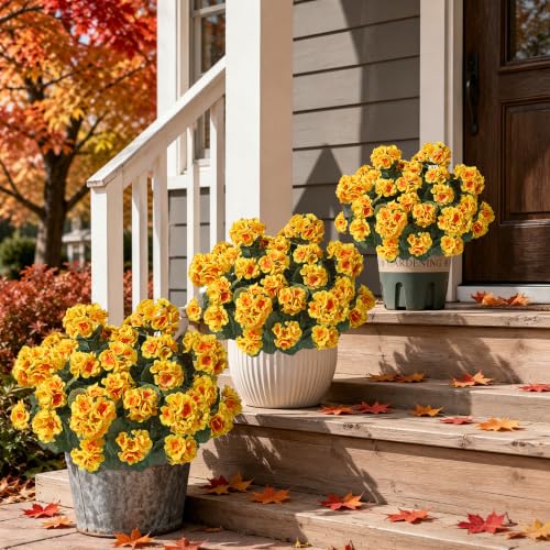 Geraniums Artificial Flowers for Outdoors, 2 Pack Potted Plants Faux Geraniums Bush Artificial Topiaries Realistic UV Resistant Fake Flowers Greenery for Outside Garden Porch Patio Yard Indoor, Yellow - color: Yellow
