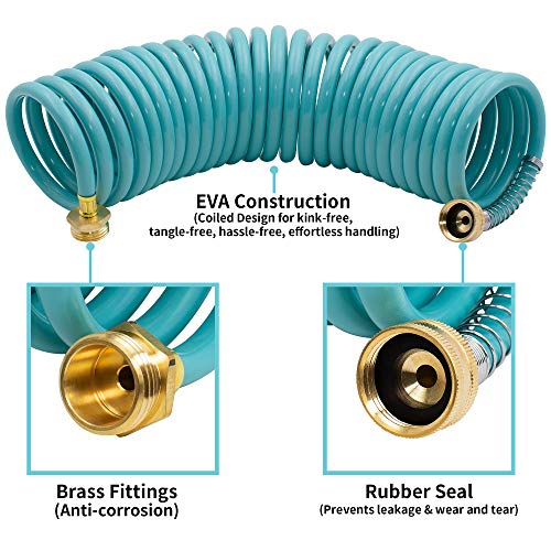 AUTOMAN EVA Recoil Garden Hose 25ft - Includes 7 Pattern Spray Nozzle,Curly Water Hose 25 Foot,Watering Coil,Retractable,Corrosion Resistant Garden Coil Hose. - color: Turquoise, size: 25 ft