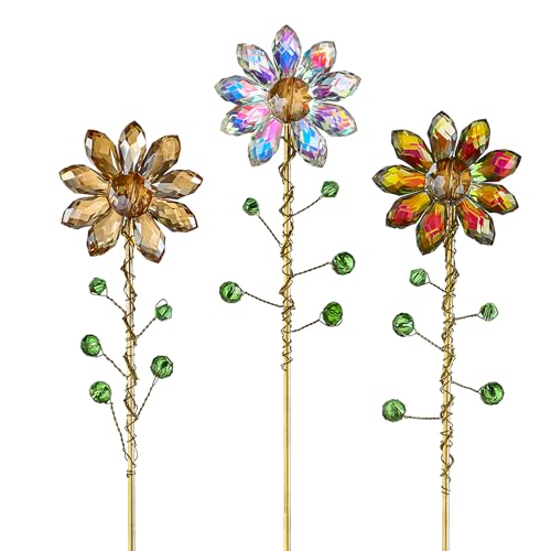 3Pcs Crystal Sunflower Suncatchers Glass Plant Suncatcher with Metal Stake - color: Ab, Red, Amber