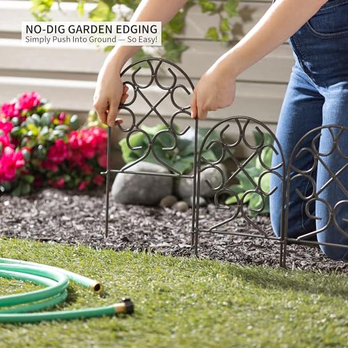 Evergreen Scroll Metal Landscape Edging Border 10" Tall Above Ground, 9 ft Long Decorative Garden Fence Panels Animal Barrier, No Dig Edging for Flower Bed, Yards, Lawn - style: Scroll