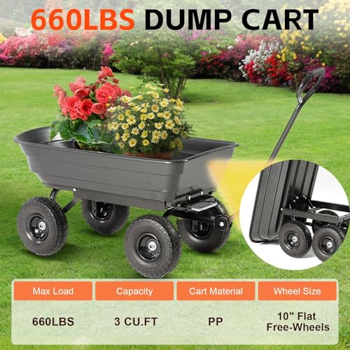 Garden Dump Cart 660lb Heavy-Duty Steel Frame Flat-Free Tires