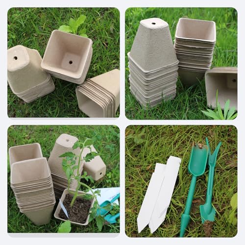 50Pcs Biodegradable Seedling Pots Seed Starter Kit 3.15 Inch Square Peat Pot with Drainage Holes, Plant Labels, Seedling Pickers & Garden Shovels