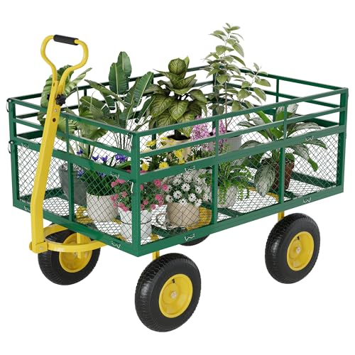 Heavy Duty Steel Garden Cart, 1400 Lbs Capacity Utility Wagon with Removable Mesh Sides, 10" Pneumatic All-Terrain Tires & 180° Swivel Handle, Folding Flatbed Yard Cart for Garden, Lawn, Farm, Camping - color: Green Yellow, size: 1400 lbs