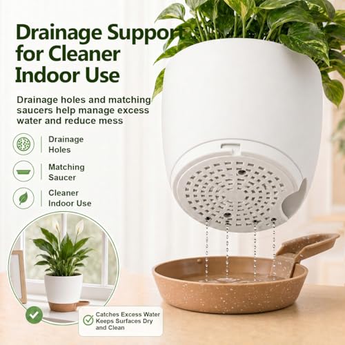 Plant Pots for Indoor 9/8/7/6.5/6/5 Inch, Self Watering Planter Pots with Drainage Holes and Saucers, 6Pcs Plastic Flower Pots for Indoor & Outdoor Plants(White) - color: White