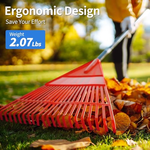 Garden Leaf Rake, 60" Garden Rakes with Foldable Lightweight Steel Handle, 22 Tines Plastic Head Shrub Rake, Folding Yard Garden Rake for Shrub, Lawns, Grass, Flower Beds Leaves Cleaning, Black & Red - style: 22 Tines, Black and Red