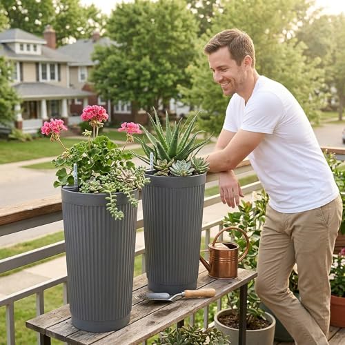 TUYOHW 24 Inch Tall Round Plastic Planter with Self Watering System, Large Indoor Outdoor Planter for Home, Patio, Garden - color: Gray-round