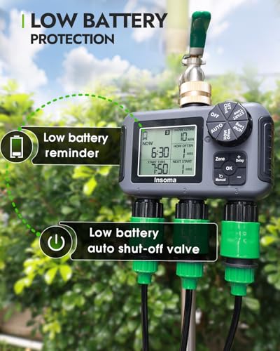 Insoma 3-Zone Sprinkler Timer with Brass Inlet + IPX5 Waterproof | Programmable Auto/Manual Irrigation Mode with Rain Delay & Large LCD | Water Hose Timer 3 Outlets for Garden, Lawn, Yard, Pool - size: 3 Zone-Brass Inlet