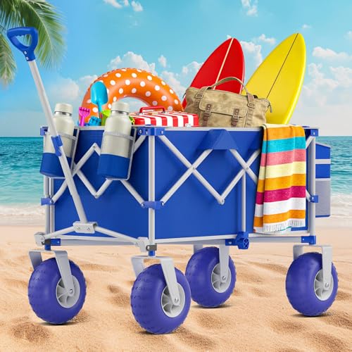 Beach Wagon with Big Wheels for Sand, 400lbs Heavy Duty Folding Wagon - color: Blue