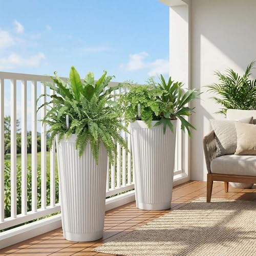 TUYOHW 24 Inch Tall Round Plastic Planter with Self Watering System, Large Indoor Outdoor Planter for Home, Patio, Garden - color: White-round