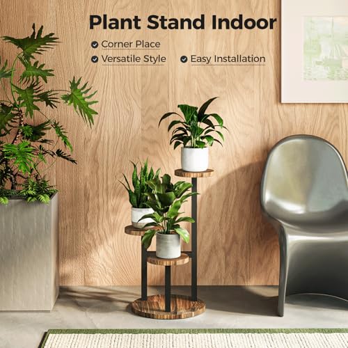 Bamworld Corner Plant Stand Indoor Metal Wood Plant Shelf 3 Tier Brown - color: Brown+Black, size: 3 Tier