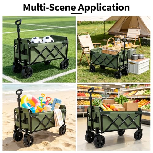 Foldable Wagon Cart on Wheels Dual-Layer Beach Wagon with Extra Space - color: Army Green